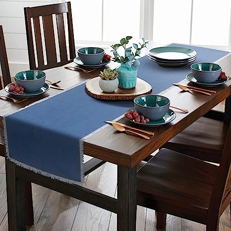 AAYU Denim Table Runner | Stone Washed Premium Quality (13 Inch X 72 Inch Fringed Edge)