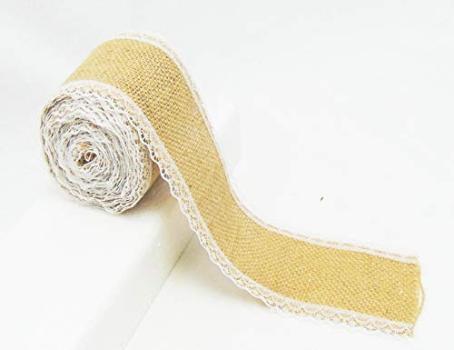 Natural Jute Burlap Ribbon Roll with White Lace Trims Tape