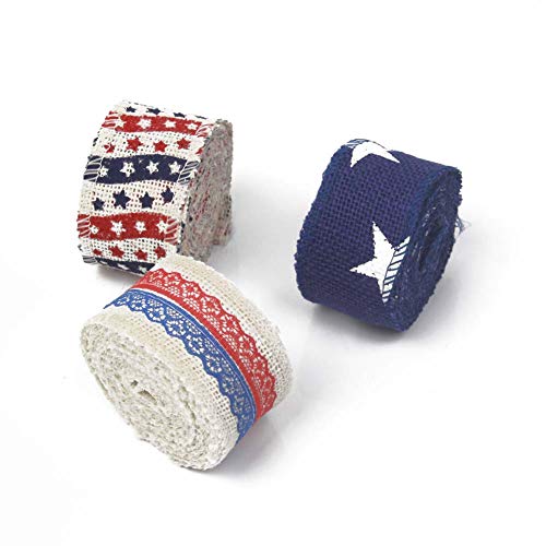 AAYU Natural Burlap Ribbon Rolls 3 Inches x 5 Yards Pack of 3 Red Blue White Jute Ribbon for Crafts Gift Wrapping Wedding