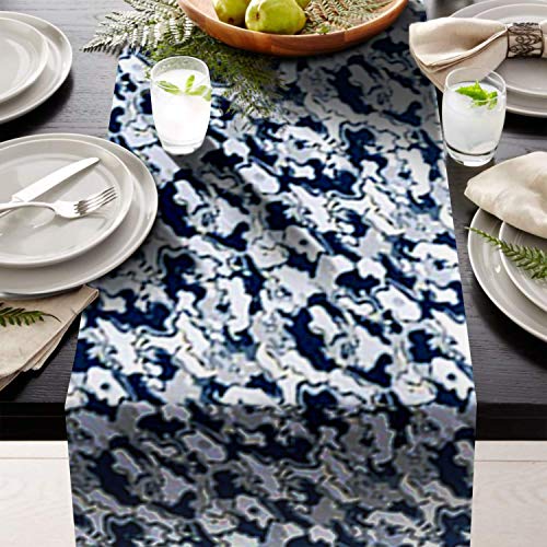 AAYU Geometric Pattern Table Runner 16 x 72 Inch Blue and White Imitation Linen Runner for Everyday Birthday Baby Shower Party Banquet Decorations Table Settings