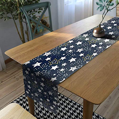 AAYU Navy Blue Imitation Linen Table Runner 14 x 108 Inch Star Print Runner for Everyday, Dinner Party, Outdoor Dining, Events, Decor
