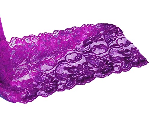 Jutemill Purple 6 inch X 15 feet Floral lace Ribbon for Dress Making DIY Project Stretchy Smooth Soft and Great for Fashion (6 X 5 Yards Stretch-Purple), White