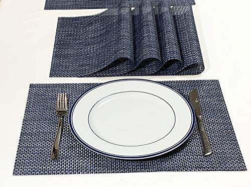 Jutemill Set of 12 Navy PVC Vinyl Woven Place mats, 12" x 18 inches Heat Insulation Stain Resistant Placemats for Dining Table Durable Cross Weave Woven Vinyl Kitchen Table Mats Placemat (Solid Navy)