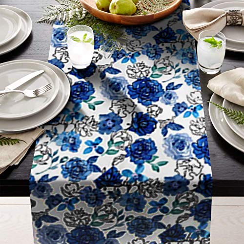 AAYU Floral Imitation Linen Table Runner 14 x 108 Inch Everyday Birthday Baby Shower Party Banquet Decorations Table Settings