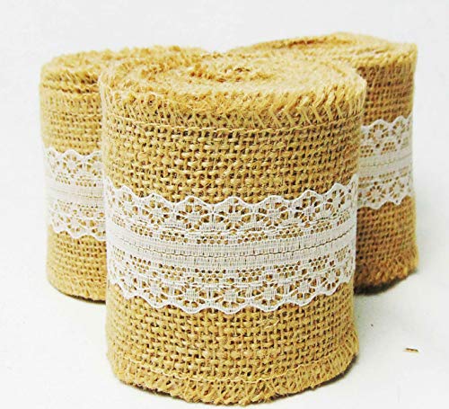 Natural Jute Burlap Ribbon Roll with White Lace Trims Tape