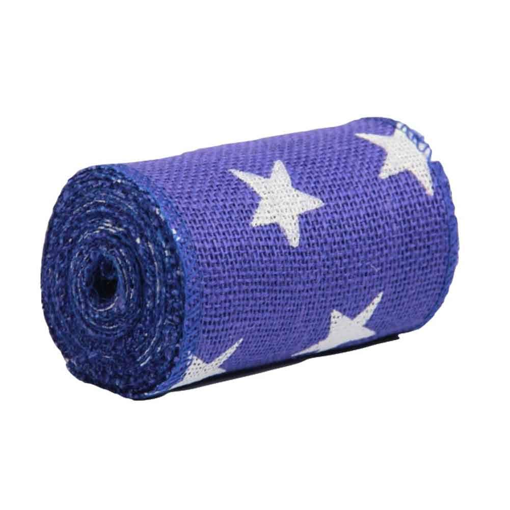 AAYU Natural Burlap Ribbon Roll 5 Inch X 5 Yards Blue White Star Print Jute Ribbon for Crafts Gift Wrapping Wedding
