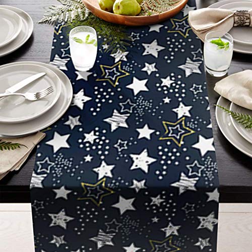 AAYU Navy Blue Imitation Linen Table Runner 14 x 108 Inch Star Print Runner for Everyday, Dinner Party, Outdoor Dining, Events, Decor