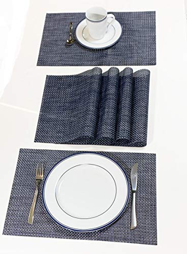 Jutemill Set of 12 Navy PVC Vinyl Woven Place mats, 12" x 18 inches Heat Insulation Stain Resistant Placemats for Dining Table Durable Cross Weave Woven Vinyl Kitchen Table Mats Placemat (Solid Navy)