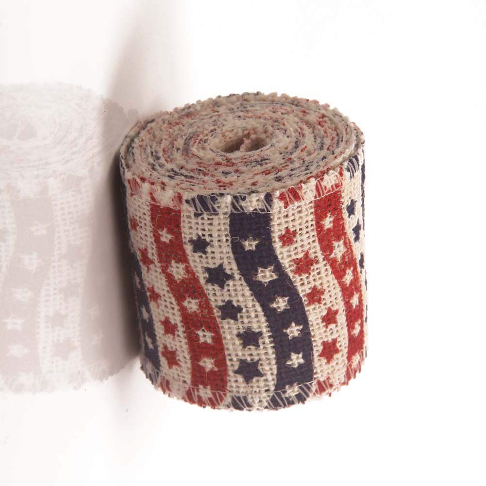 AAYU Natural Burlap Ribbon Roll 3 Inch X 5 Yards Red Blue White Star Printed Jute Ribbon for Crafts Gift Wrapping Wedding