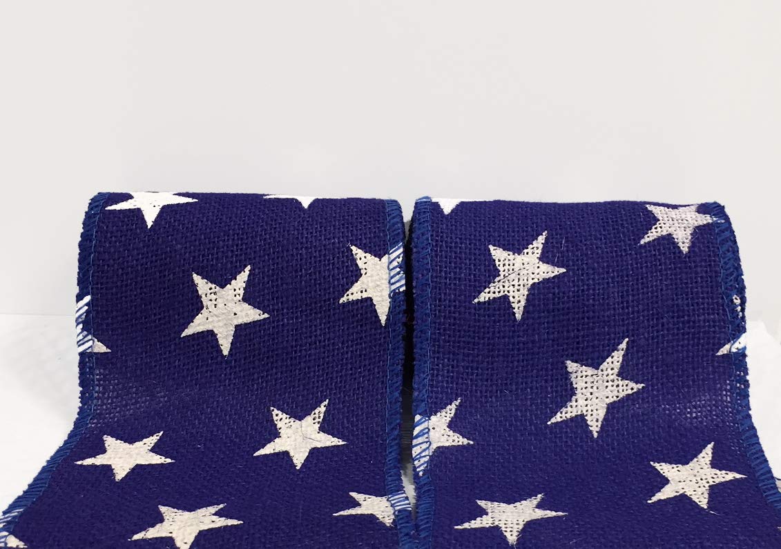 AAYU Natural Burlap Ribbon Roll 5 Inch X 5 Yards Blue White Star Print Jute Ribbon for Crafts Gift Wrapping Wedding