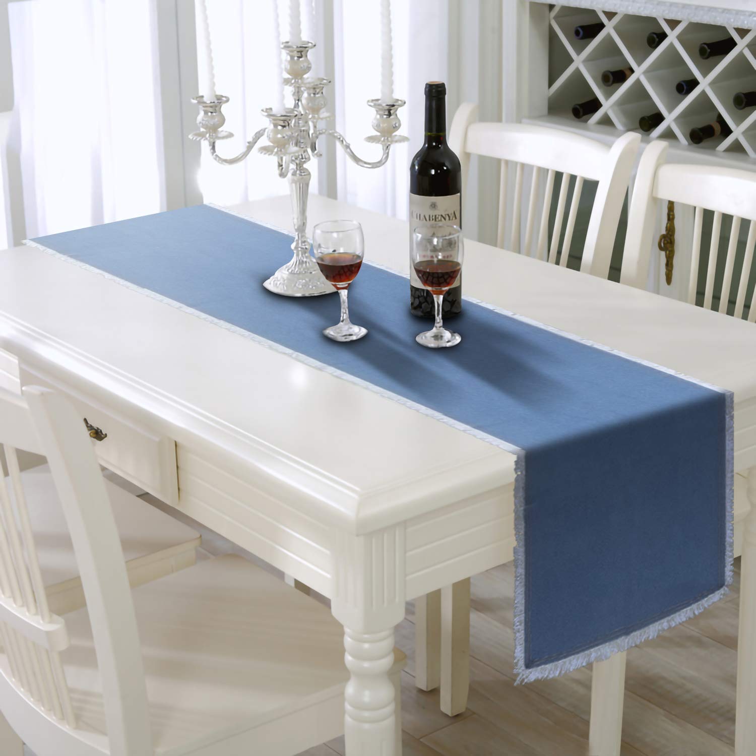 AAYU Denim Table Runner with Fringed Edges Jeans 16" x 108 Inches Premium Quality Stone Washed Table Runner for Home Party Rustic Wedding Decorations (All Over Fray)