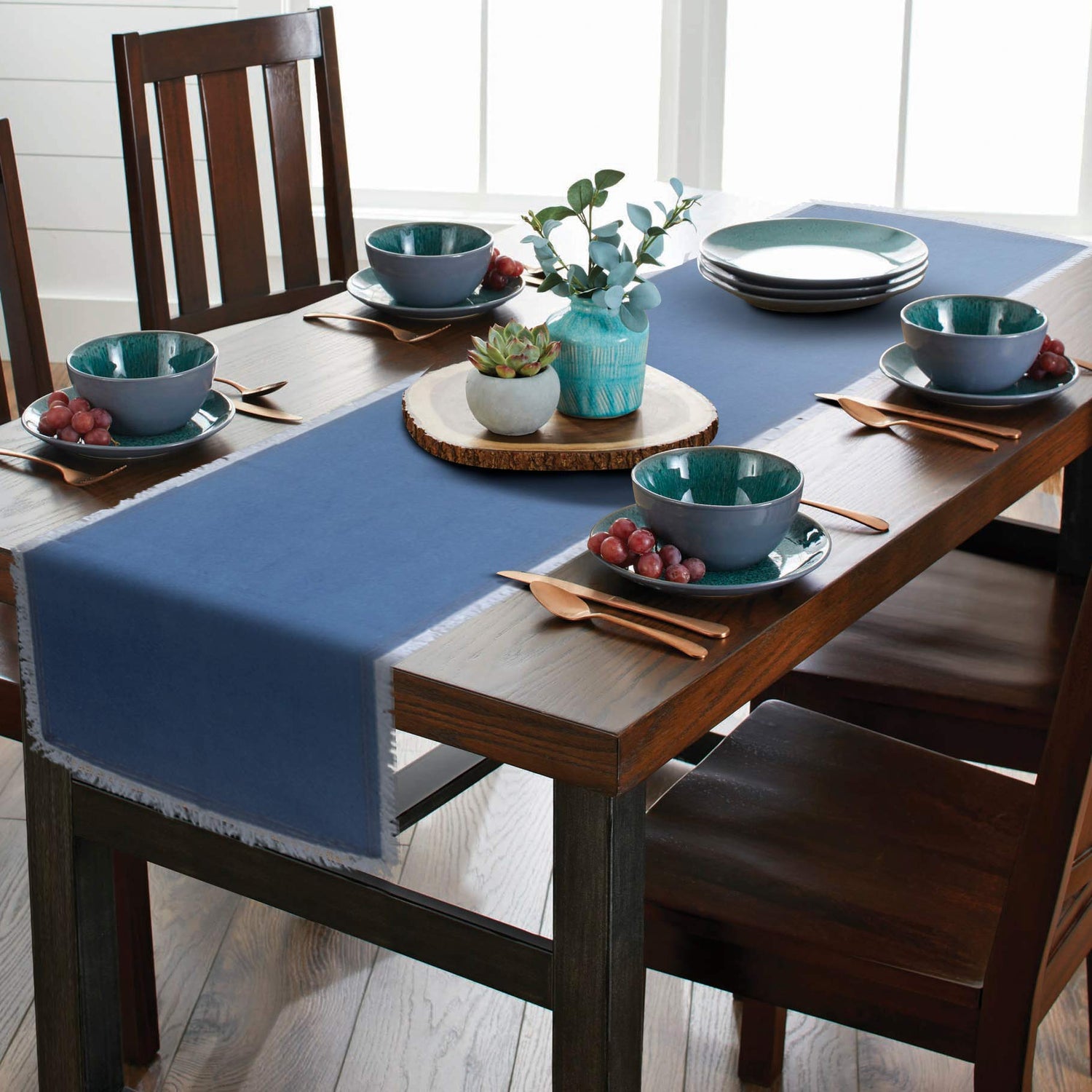 AAYU Denim Table Runner with Fringed Edges Jeans 16" x 108 Inches Premium Quality Stone Washed Table Runner for Home Party Rustic Wedding Decorations (All Over Fray)