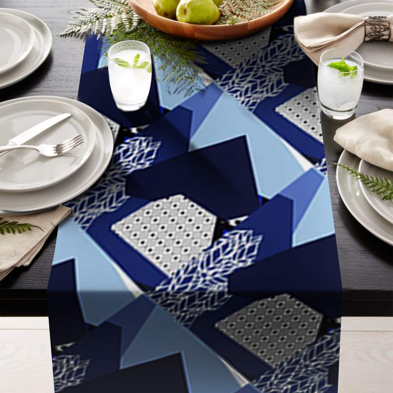 AAYU Geometric Imitation Linen Table Runner 14 x 108 Inch Navy Blue Runner for Everyday, Dinner Party, Outdoor Dining, Events, Decor