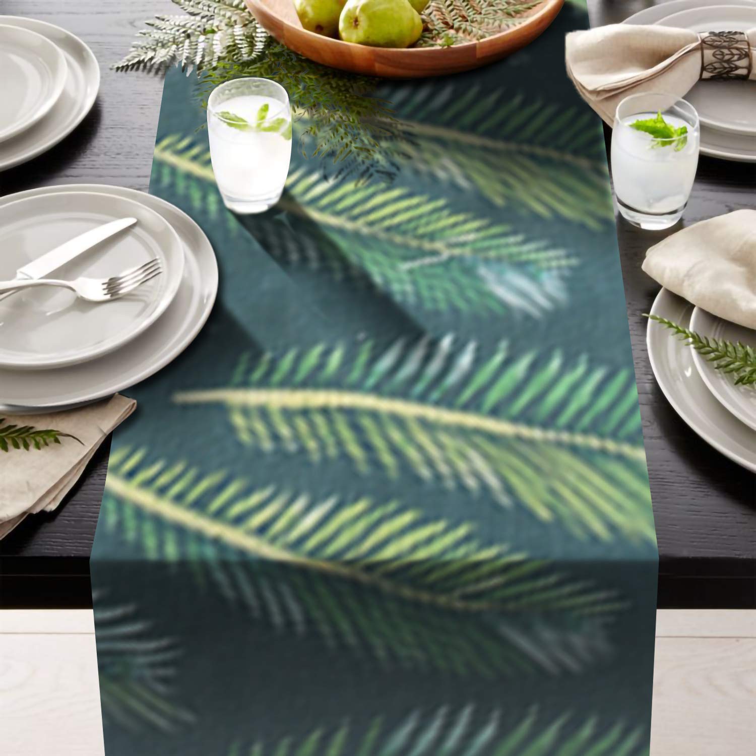 AAYU Green Leaf Imitation Linen Table Runner 14 x 108 Inch Everyday Birthday Baby Shower Party Banquet Decorations Table Settings