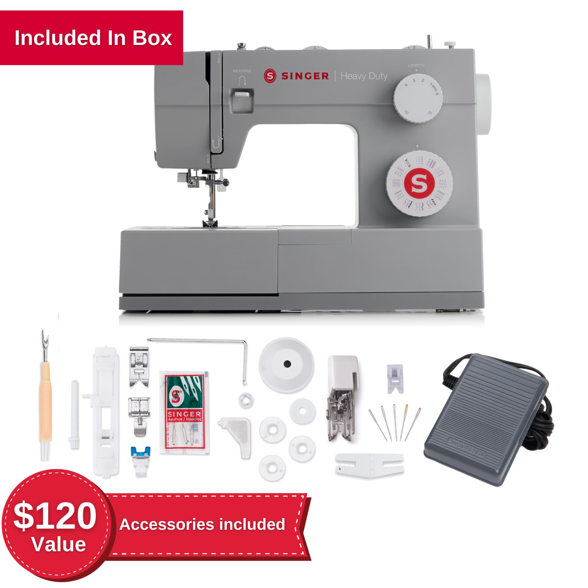 Singer 4452 Heavy Duty Sewing Machine, 32 Stiches with Accessory Kit, Grey
