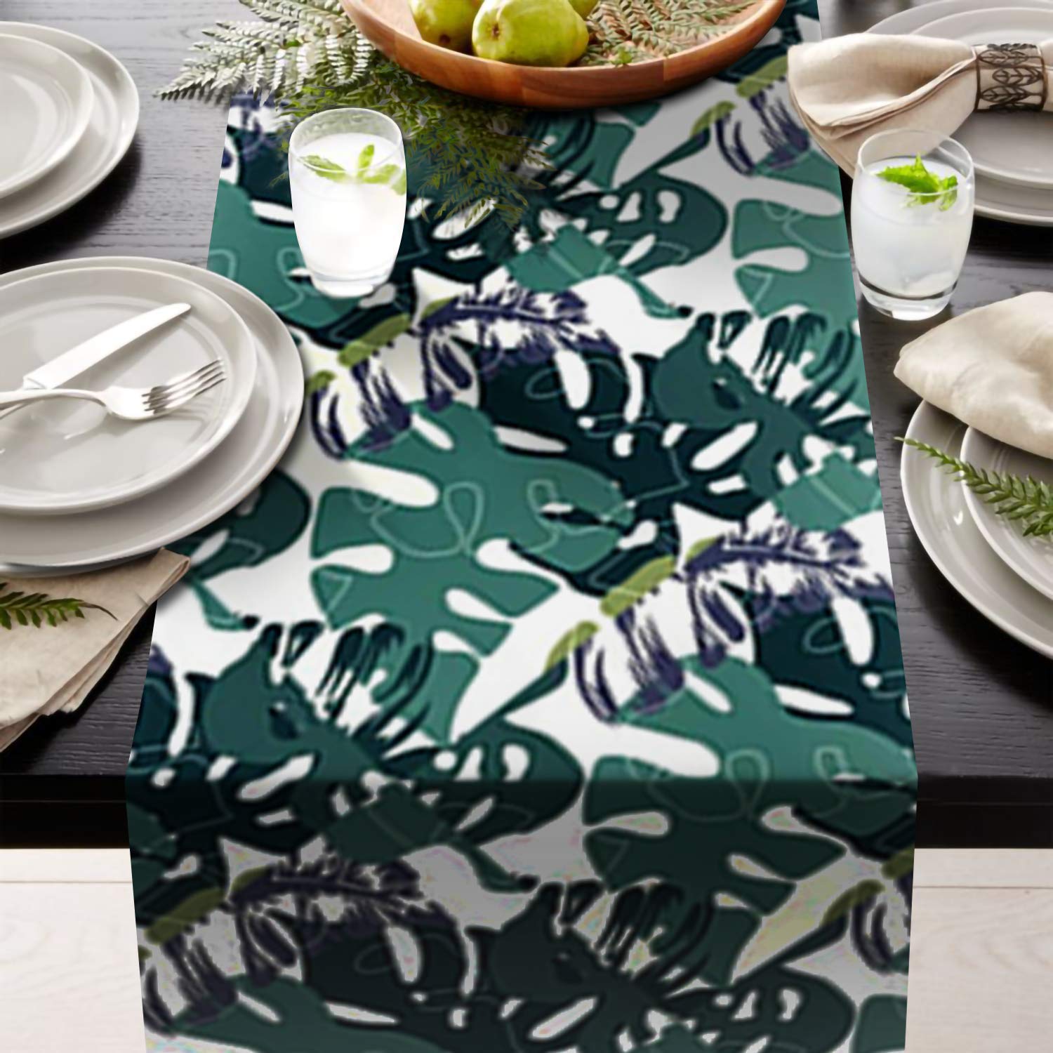 AAYU Green Leaf Imitation Linen Table Runner 14 x 108 Inch Everyday Birthday Baby Shower Party Banquet Decorations Table Settings