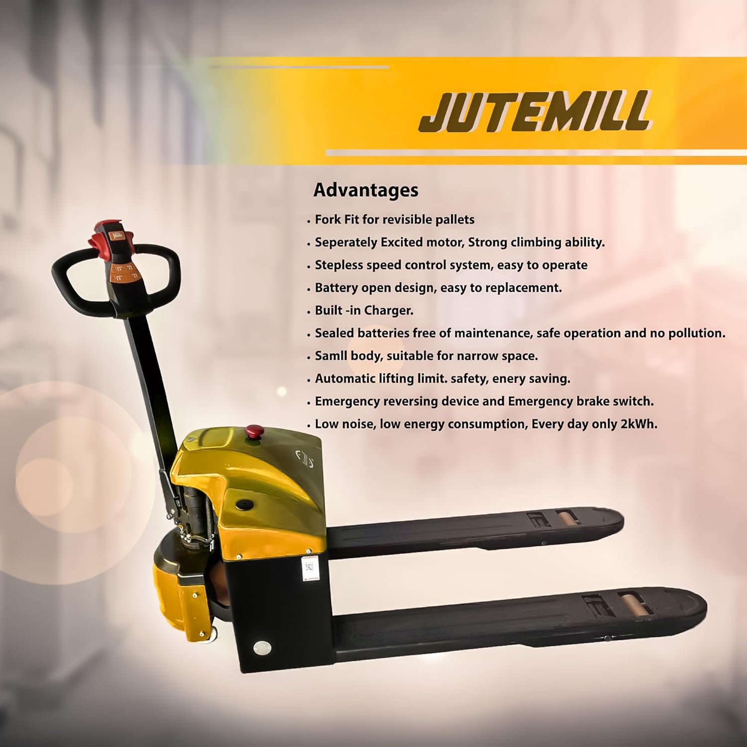 Yellow Electric Pallet Jack: Effortlessly Move 3300 lbs of Materials 48" x27" Fork Length