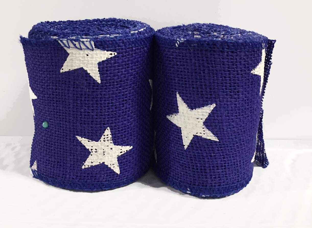 AAYU Natural Burlap Ribbon Roll 5 Inch X 5 Yards Blue White Star Print Jute Ribbon for Crafts Gift Wrapping Wedding