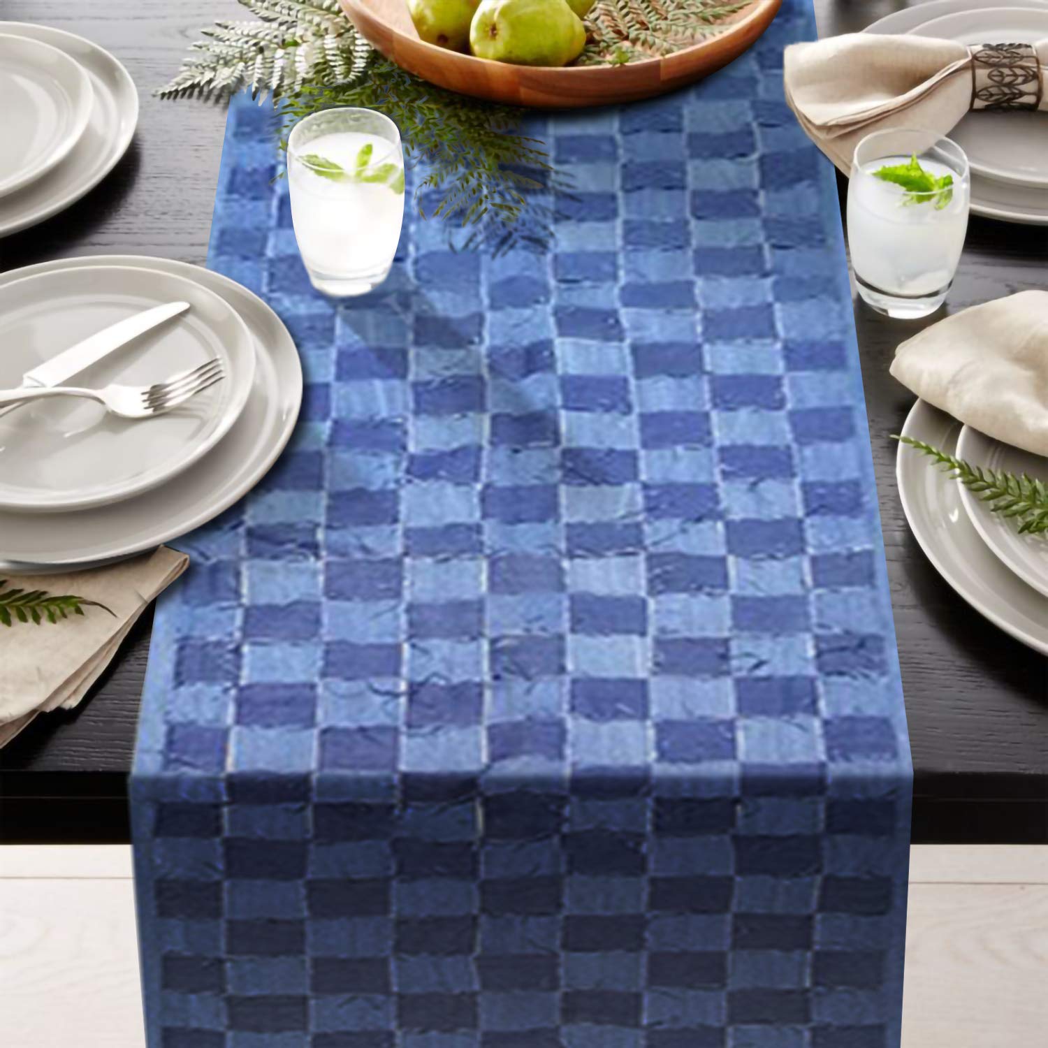 AAYU Denim Table/Bed Runner, Hand Fringed Tape Hand Weaved | 18 Inch X 108 Inch | Premium Quality Denim | Perfect for Wedding, Parties, and Everyday Décor