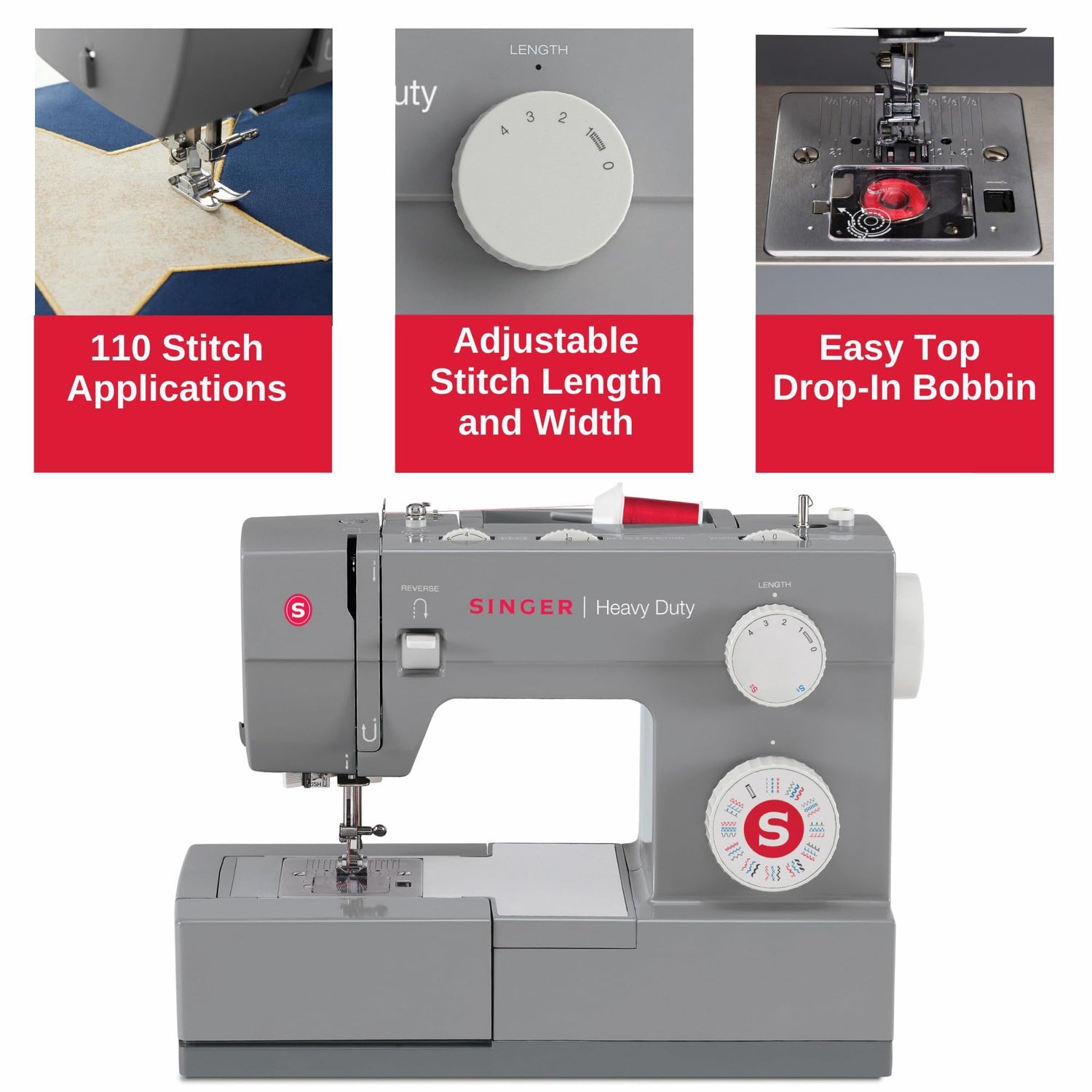 Singer 4432 Heavy Duty Extra-High Speed 32-Stitch Sewing Machine with Metal Frame and Stainless Steel Bedplate,Grey, Large