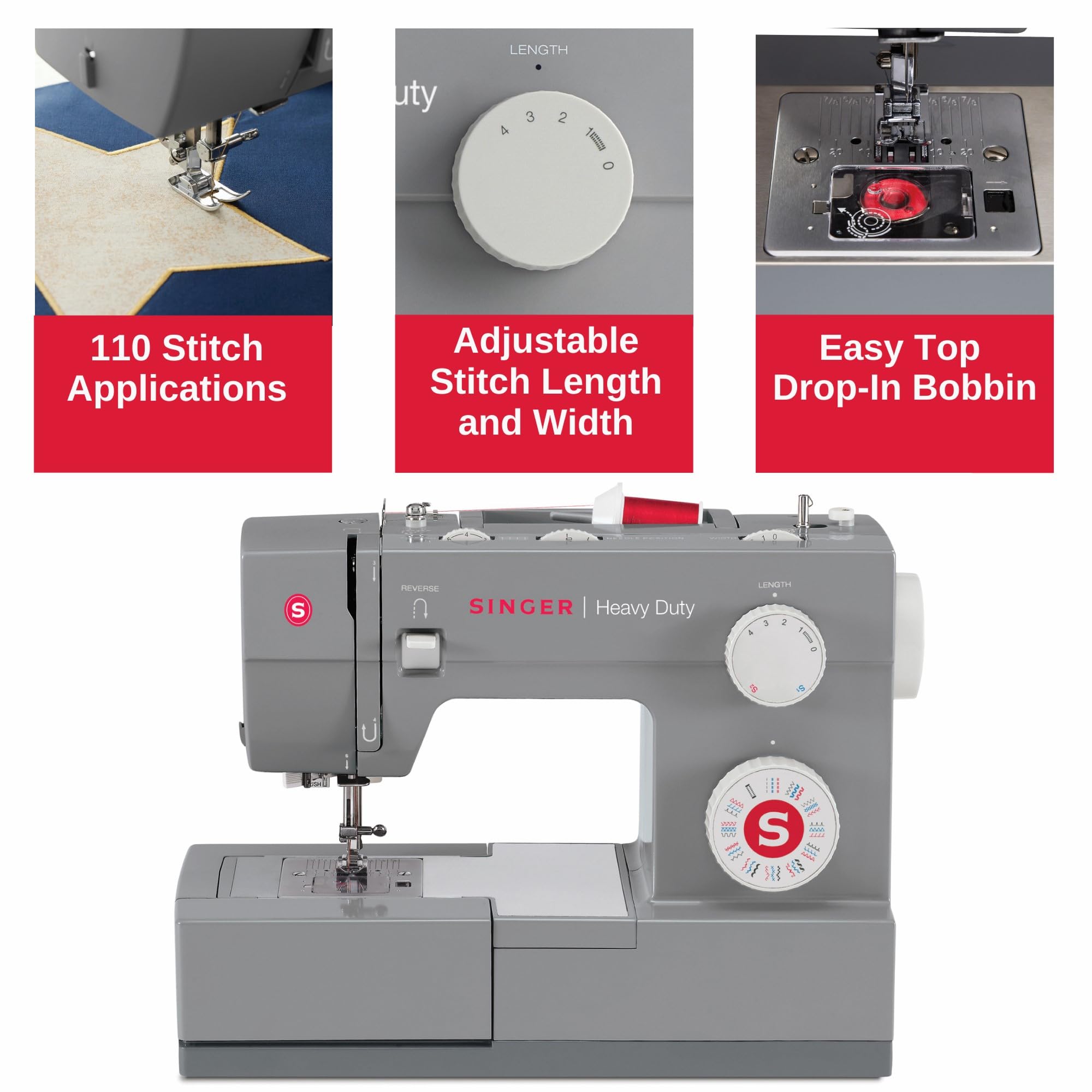 Singer 4432 Heavy Duty Extra-High Speed 32-Stitch Sewing Machine with Metal Frame and Stainless Steel Bedplate,Grey, Large