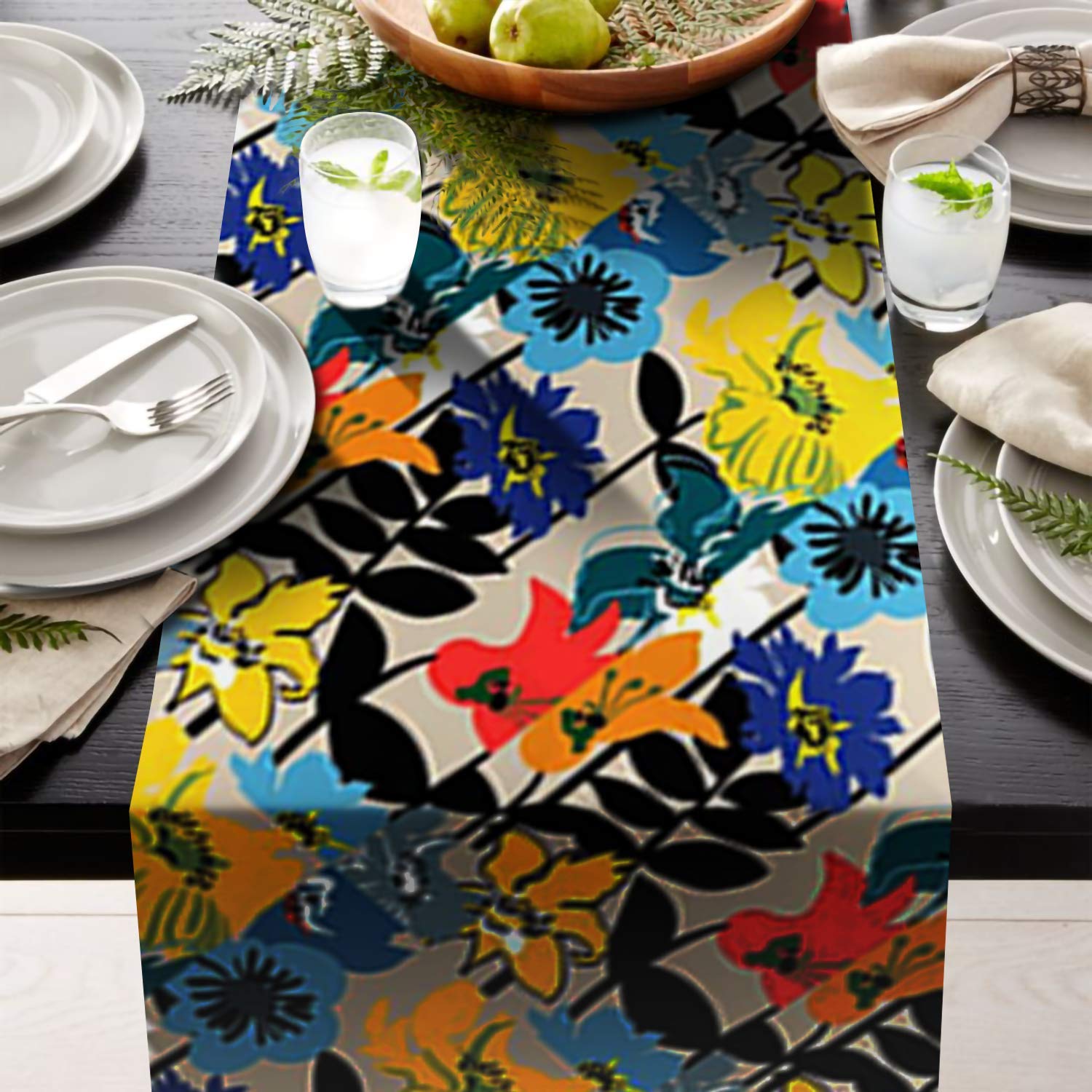 AAYU Floral Imitation Linen Table Runner 14 x 108 Inch Everyday Birthday Baby Shower Party Banquet Decorations Table Settings