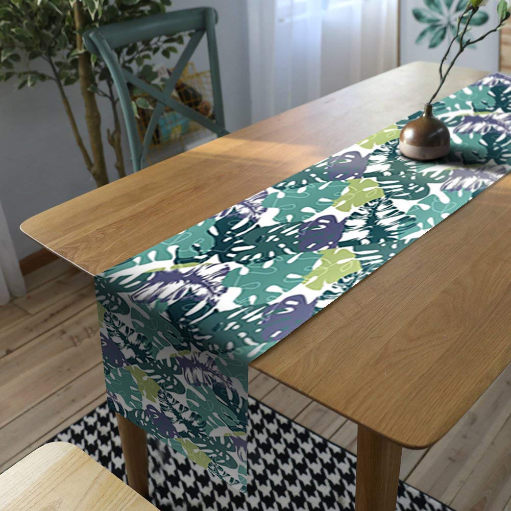 AAYU Green Leaf Imitation Linen Table Runner 14 x 108 Inch Everyday Birthday Baby Shower Party Banquet Decorations Table Settings