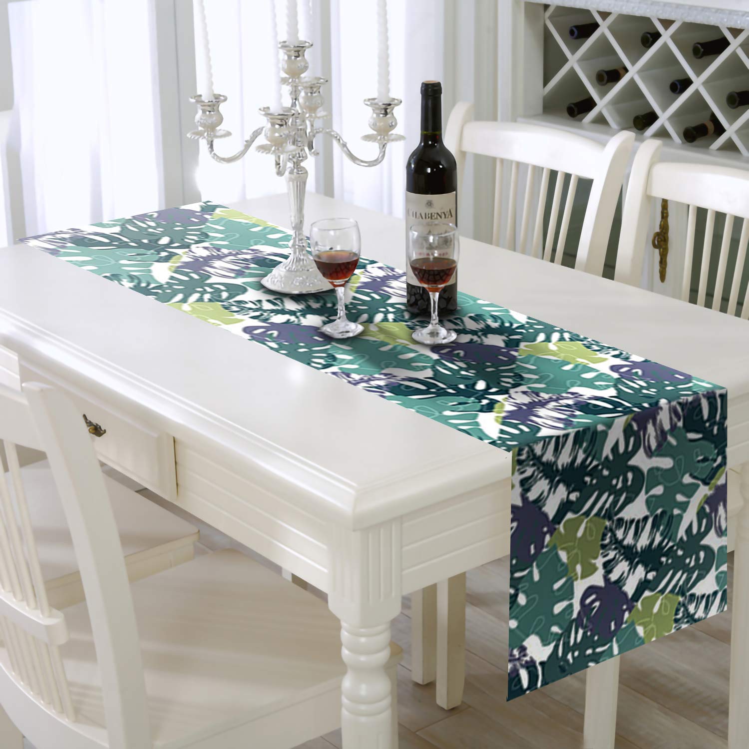 AAYU Green Leaf Imitation Linen Table Runner 14 x 108 Inch Everyday Birthday Baby Shower Party Banquet Decorations Table Settings