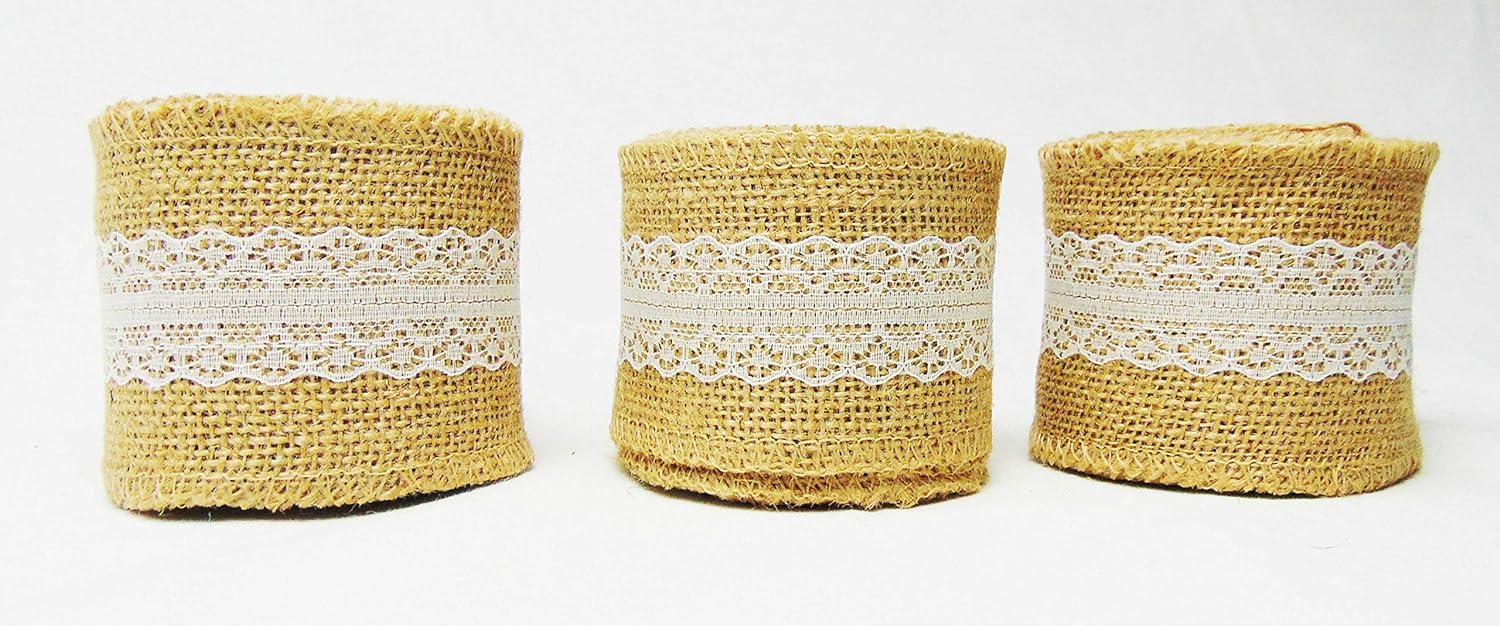 Burlap Ribbon Roll with White Lace Trims Tape