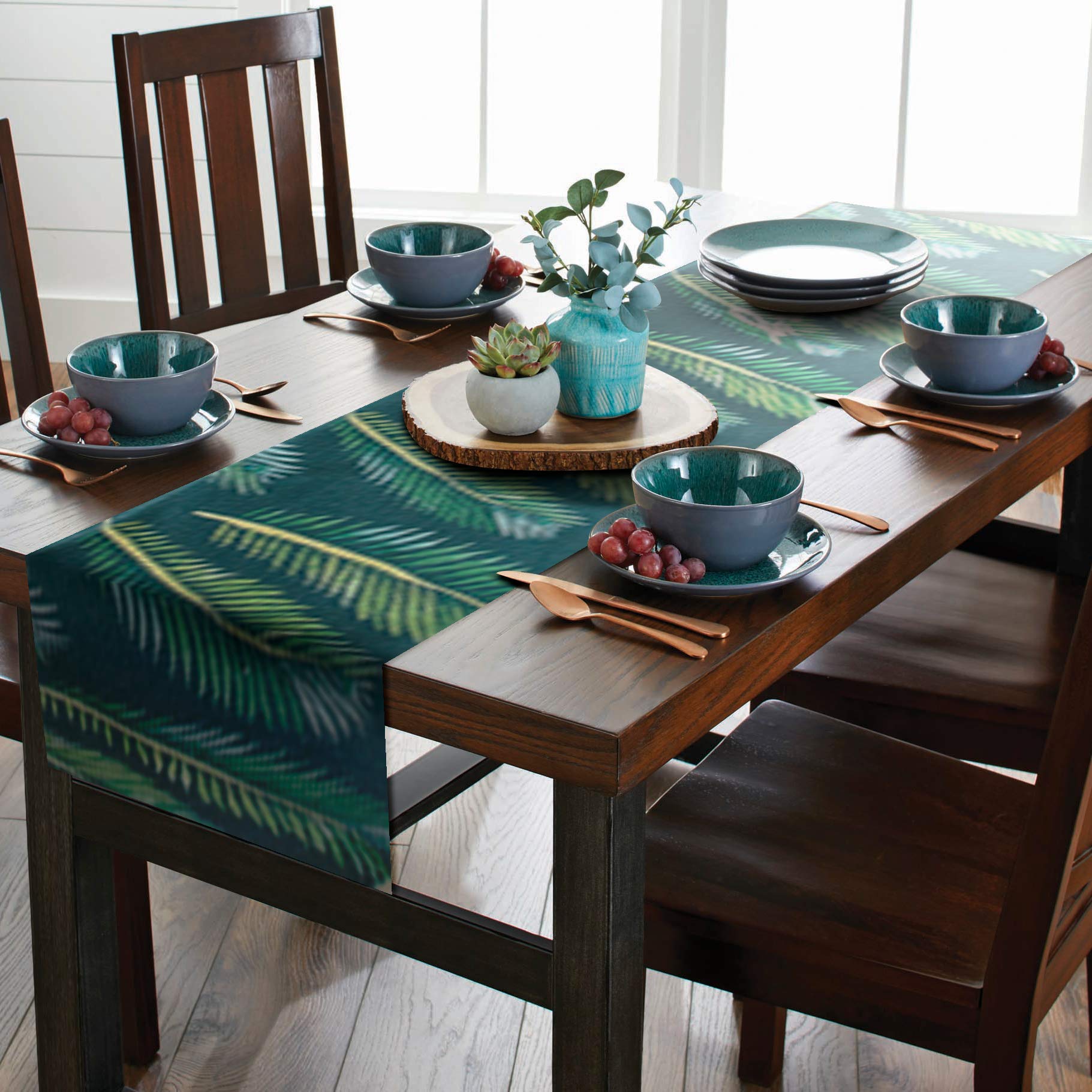 AAYU Green Leaf Imitation Linen Table Runner 14 x 108 Inch Everyday Birthday Baby Shower Party Banquet Decorations Table Settings