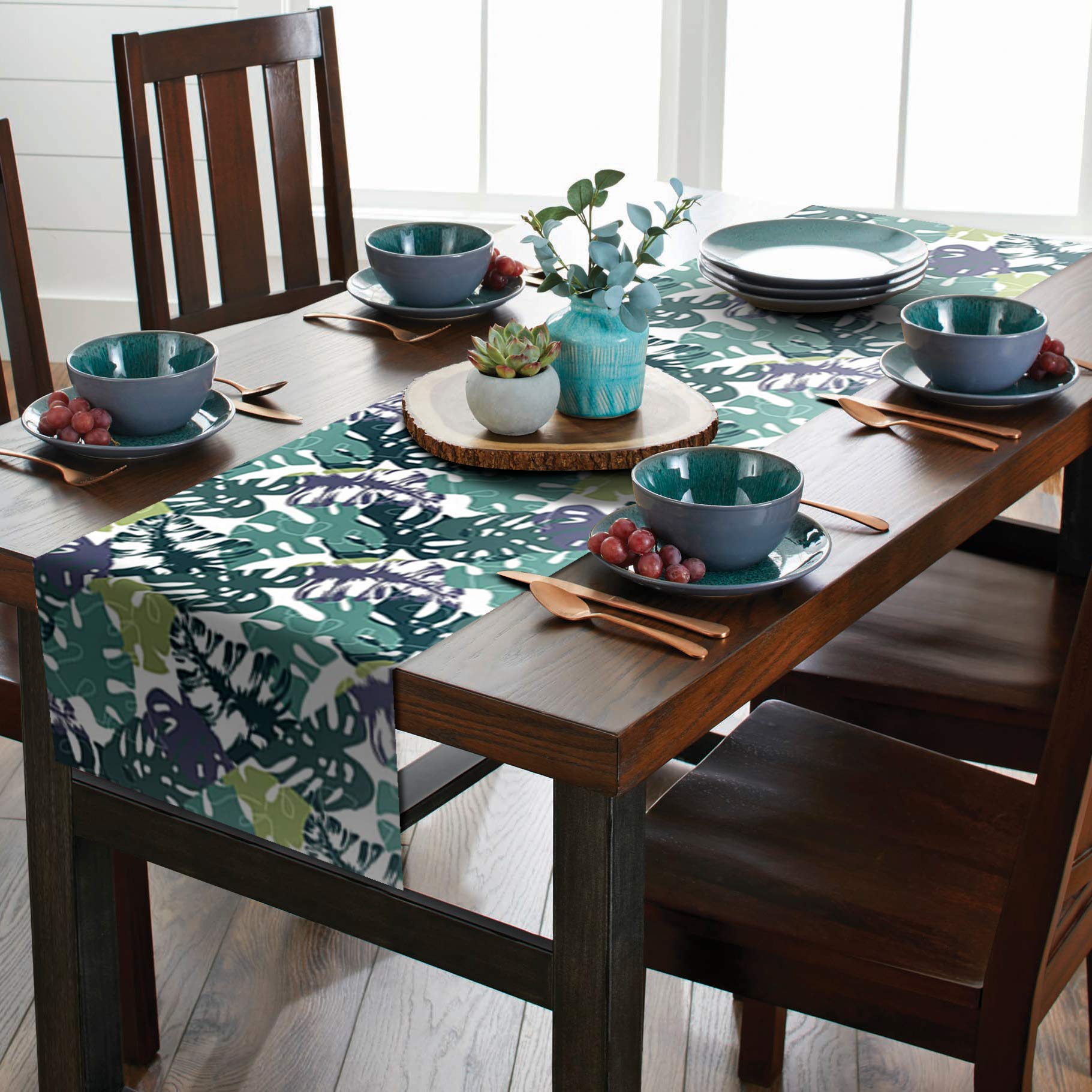 AAYU Green Leaf Imitation Linen Table Runner 14 x 108 Inch Everyday Birthday Baby Shower Party Banquet Decorations Table Settings