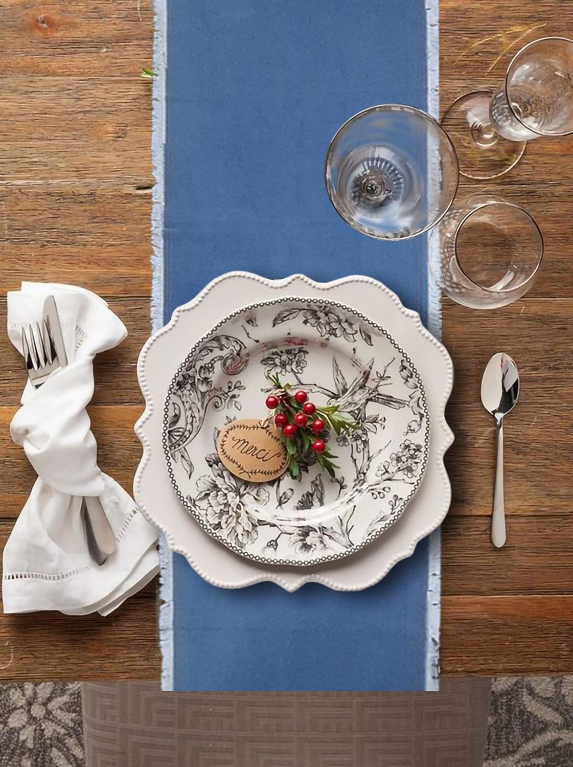 AAYU Denim Table Runner | Stone Washed Premium Quality (13 Inch X 72 Inch Fringed Edge)