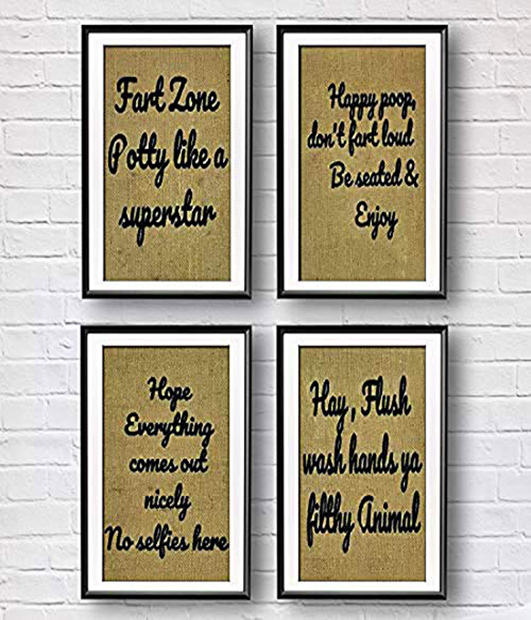 Bathroom Funny Sign with Quote on Burlap 4 Pack Unframed | 9 X 13 Inch Saying Restroom Rustic Country Shabby Chic Vintage Decor Sign Children&