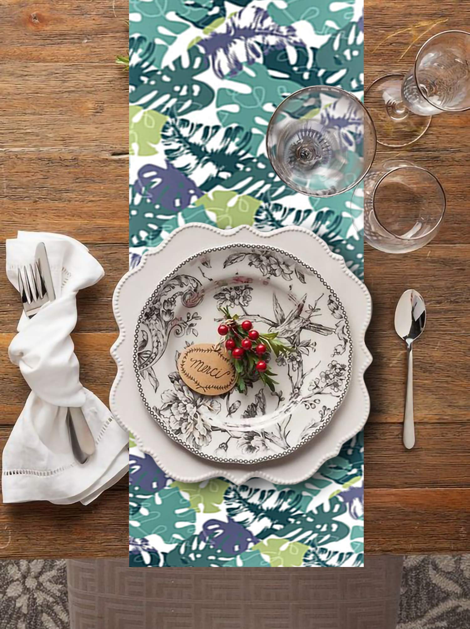 AAYU Green Leaf Imitation Linen Table Runner 14 x 108 Inch Everyday Birthday Baby Shower Party Banquet Decorations Table Settings