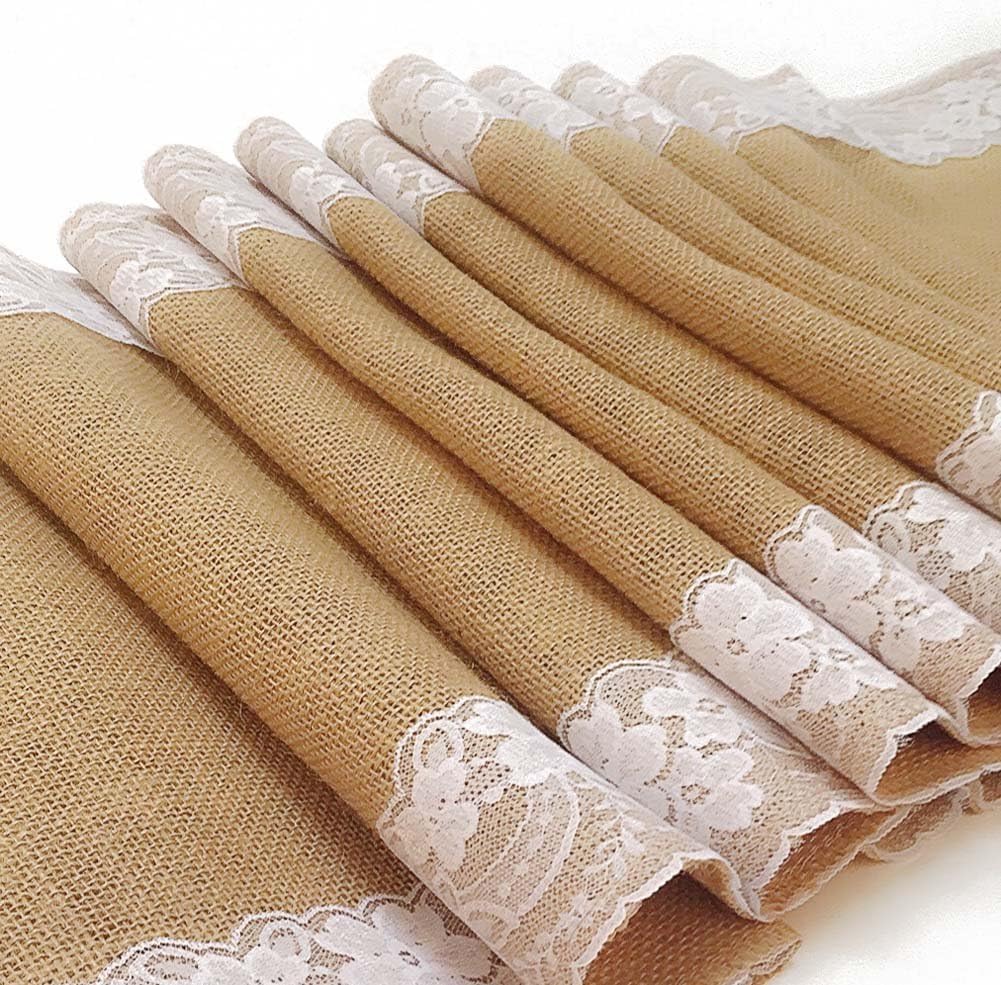 Burlap Table Runner 14" x 108" | Burlap Roll Lace Runner Perfect for Rustic Weddings and Events (White Lace in The Middle)