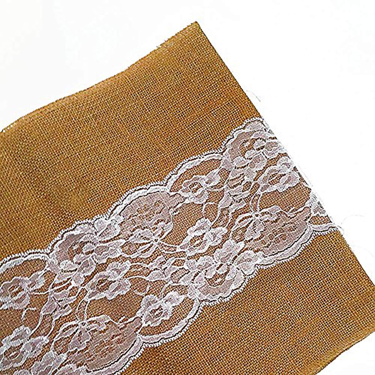AAYU Burlap Table Runner with White Lace 14 x 108 Inch Natural Jute Fabric Runner Roll for Party Event Wedding Decorations (Lace in The Middle)