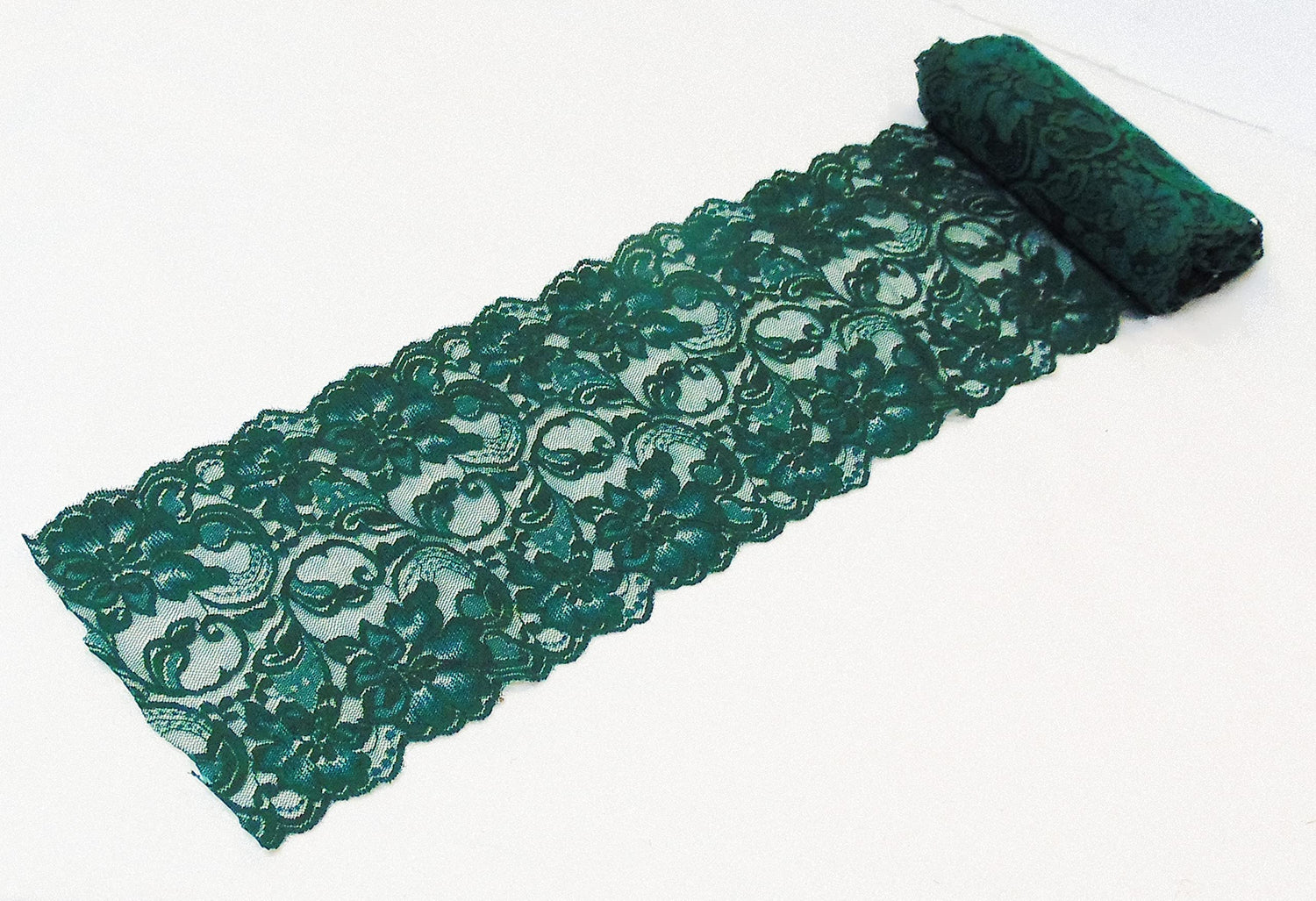 Dark Green 6 inch X 15 feet Floral lace Ribbon for Dress Making DIY Project Stretchy Smooth Soft and Great for Fashion (6" X 5 Yards Stretch-Green)