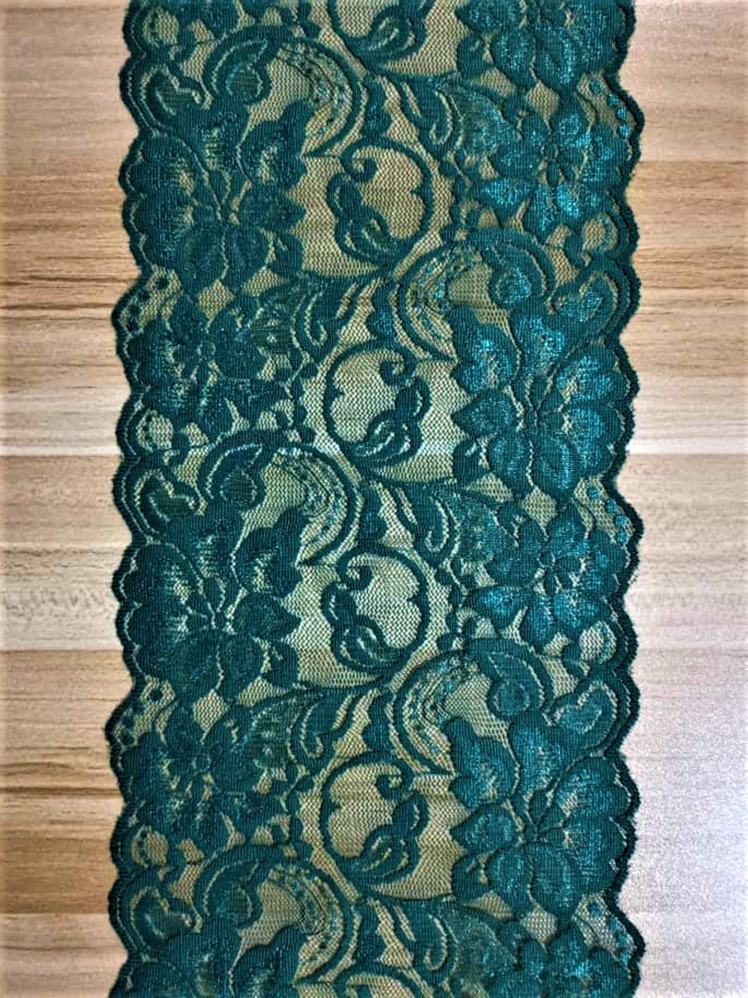Dark Green 6 inch X 15 feet Floral lace Ribbon for Dress Making DIY Project Stretchy Smooth Soft and Great for Fashion (6" X 5 Yards Stretch-Green)