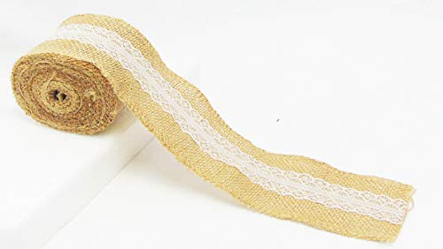 Natural Jute Burlap Ribbon Roll with White Lace Trims
