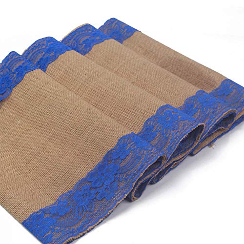 AAYU Burlap Table Runner | 14 Inch x 108 Inch | Navy lace Attached | Kitchen/Dining Rustic Wedding Ceremony or Easter Decorations | Vintage, Country Bohemian Decor (Blue Lace on Both Sides) Jutemill