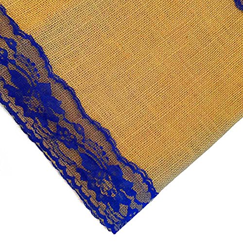 AAYU Burlap Table Runner | 14 Inch x 108 Inch | Navy lace Attached | Kitchen/Dining Rustic Wedding Ceremony or Easter Decorations | Vintage, Country Bohemian Decor (Blue Lace on Both Sides) Jutemill