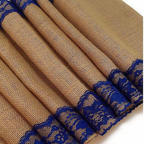 AAYU Burlap Table Runner | 14 Inch x 108 Inch | Navy lace Attached | Kitchen/Dining Rustic Wedding Ceremony or Easter Decorations | Vintage, Country Bohemian Decor (Blue Lace on Both Sides) Jutemill