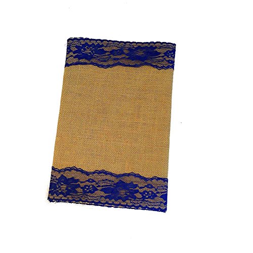 AAYU Burlap Table Runner | 14 Inch x 108 Inch | Navy lace Attached | Kitchen/Dining Rustic Wedding Ceremony or Easter Decorations | Vintage, Country Bohemian Decor (Blue Lace on Both Sides) Jutemill