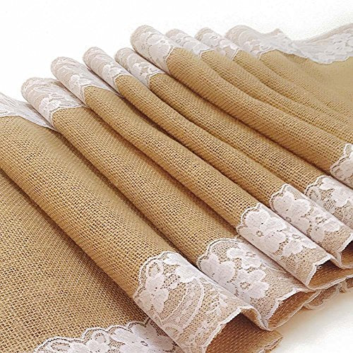 AAYU Burlap Table Runner | 14 Inch x 108 Inch | Navy lace Attached | Kitchen/Dining Rustic Wedding Ceremony or Easter Decorations | Vintage, Country Bohemian Decor (Blue Lace on Both Sides) Jutemill