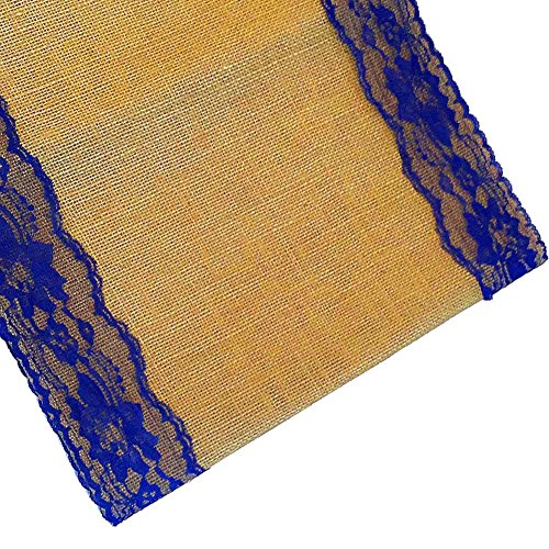 AAYU Burlap Table Runner | 14 Inch x 108 Inch | Navy lace Attached | Kitchen/Dining Rustic Wedding Ceremony or Easter Decorations | Vintage, Country Bohemian Decor (Blue Lace on Both Sides) Jutemill