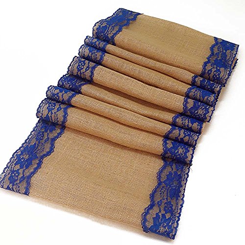 AAYU Burlap Table Runner | 14 Inch x 108 Inch | Navy lace Attached | Kitchen/Dining Rustic Wedding Ceremony or Easter Decorations | Vintage, Country Bohemian Decor (Blue Lace on Both Sides) Jutemill