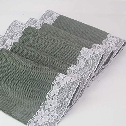 AAYU Gray Burlap Table Runner with White lace 108" | 14 Inch X 108 Studio Collection White Ribbon Lace on Both Edges Perfect Table Top Settings for Wedding and Party Decor (Grey) Jutemill