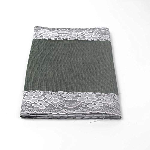 AAYU Gray Burlap Table Runner with White lace 108" | 14 Inch X 108 Studio Collection White Ribbon Lace on Both Edges Perfect Table Top Settings for Wedding and Party Decor (Grey) Jutemill