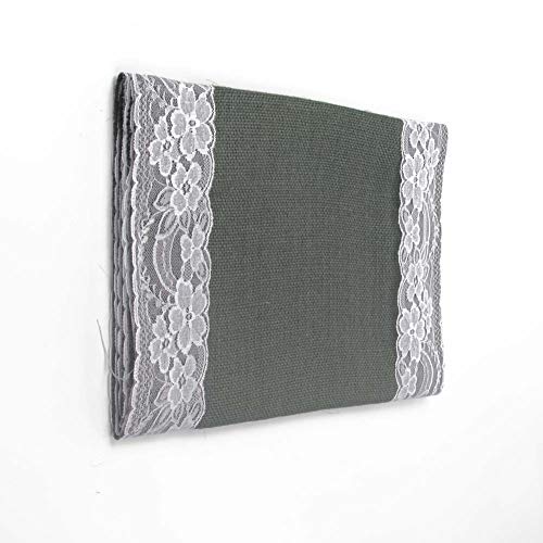 AAYU Gray Burlap Table Runner with White lace 108" | 14 Inch X 108 Studio Collection White Ribbon Lace on Both Edges Perfect Table Top Settings for Wedding and Party Decor (Grey) Jutemill