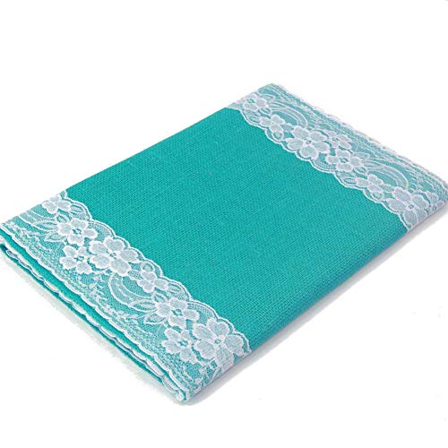 AAYU Gray Burlap Table Runner with White lace 108" | 14 Inch X 108 Studio Collection White Ribbon Lace on Both Edges Perfect Table Top Settings for Wedding and Party Decor (Grey) Jutemill
